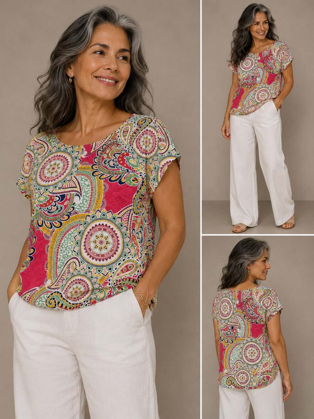 Moa Collection Paisley Mandala Print Short Sleeve Crewneck Top Style 195
M-72